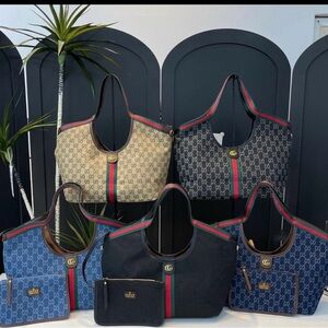 Elegant Designer Tote Bag Set - Beige, Black, and Blue